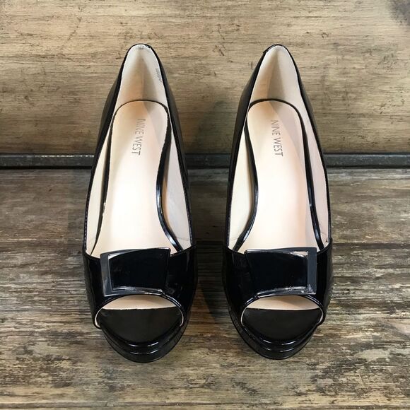 Nine West Dandra Black Patent Peep Toe Pump Heel 9 - Picture 2 of 8